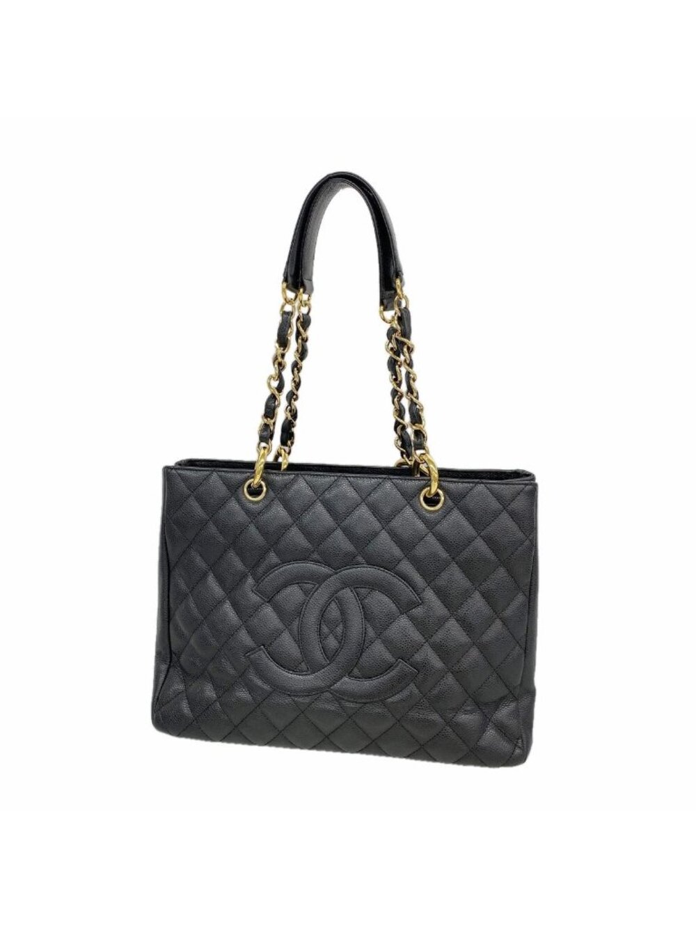 Chanel Chain Tote Bag Quilted Caviar Leather Black Gold
